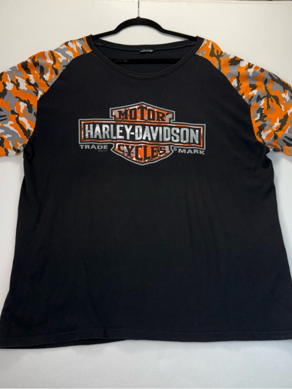 Harley-Davidson Black Tee with Orange & Gray Camo Raglan Sleeves